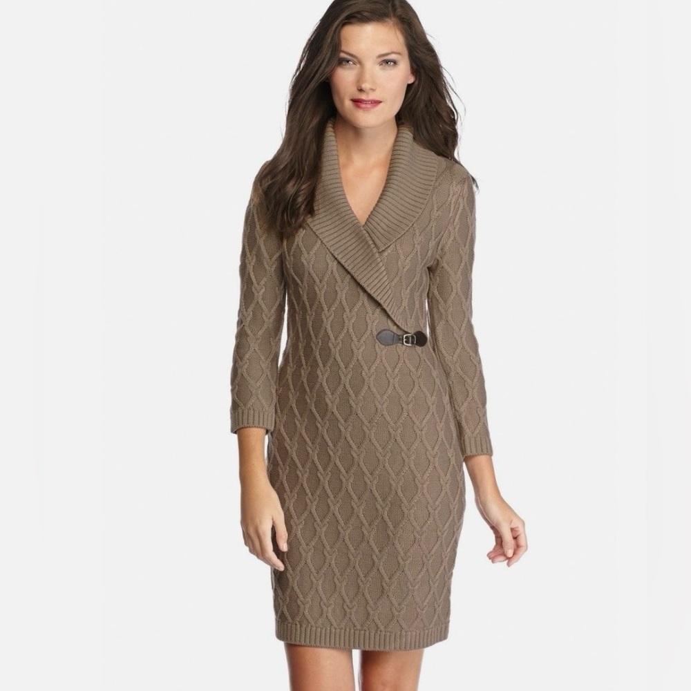 Calvin Klein, NWT! Shawl Collar Cable Knit Dress in Taupe